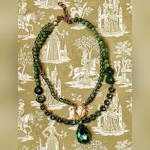 Green Crystals & Jade Pendant  Two Strand Necklace In Yellow Gold